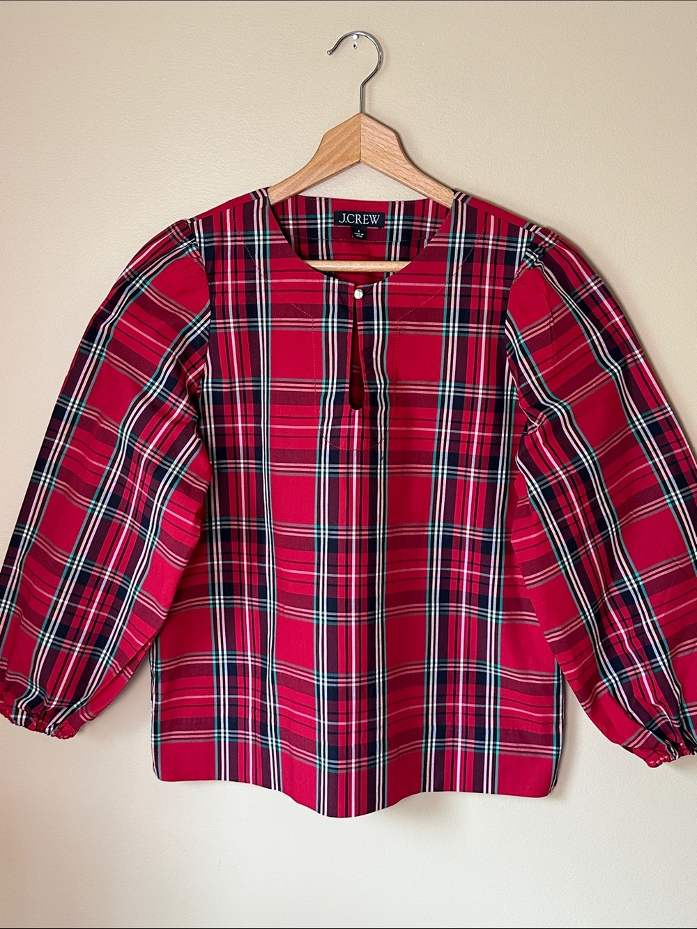 J. Crew Red Plaid Poplin Blouse with Puff Sleeves Size S